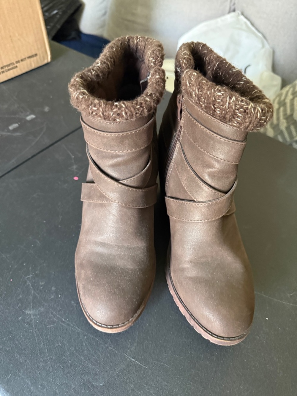 Brown Faux-Leather Knit-Collar Ankle Boots